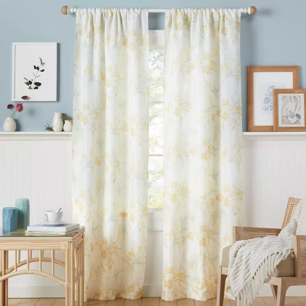 Printemps Yellow Floral Light Filtering Rod Pocket Indoor Curtain Panel, 38 in.