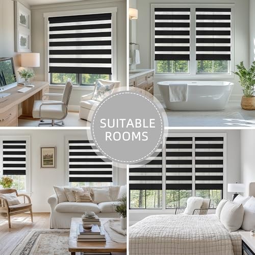 Cordless Zebra Blinds for Windows, Dual Layer Free-Stop 30″W x 72″H Black