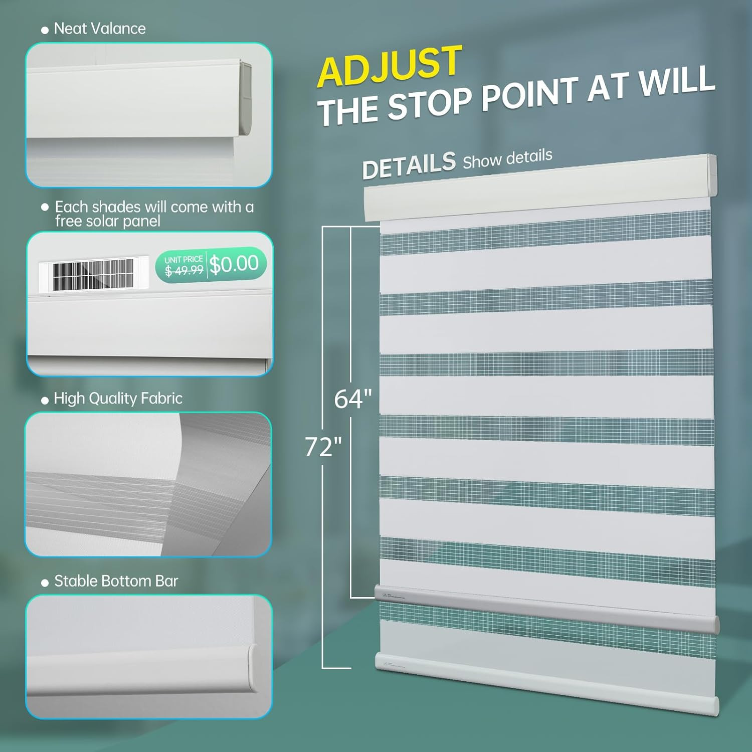 Solar-Powered Motorized Zebra Blinds with Remote Control – 34¼ x 72 White