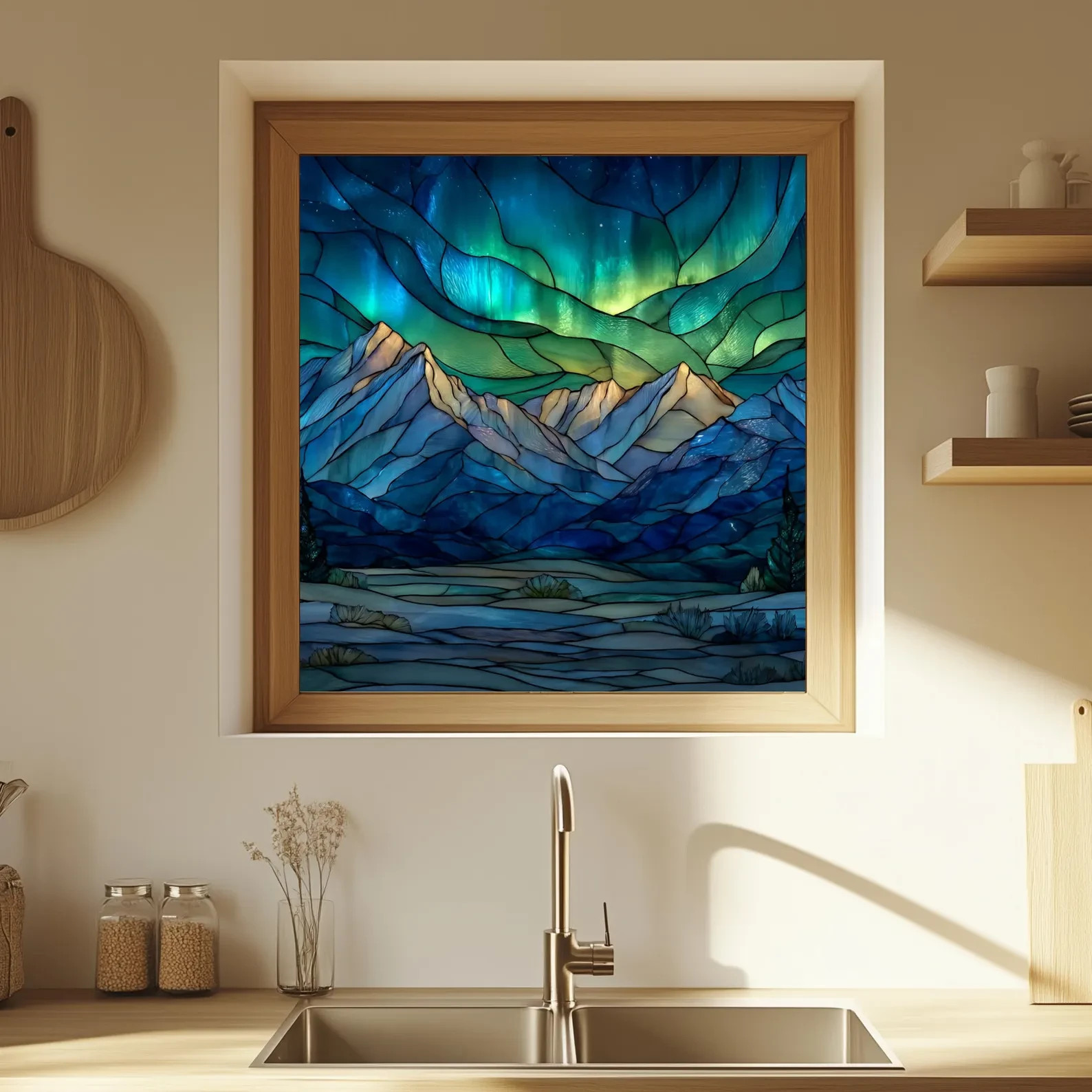 Stained Glass Window Door Cling Frosted | PVC Free Mountains Northern Lights