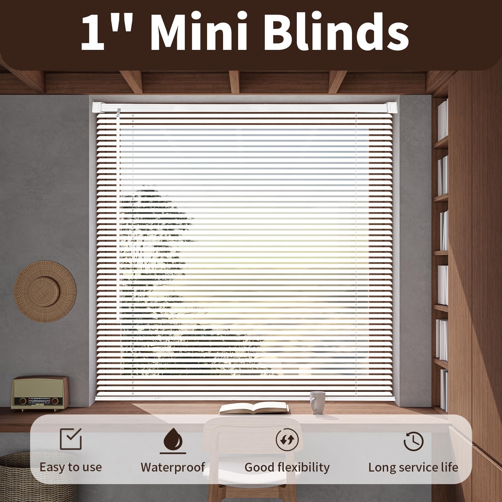1″ Cordless Mini Blinds 20″ W x 72″ H, White Vinyl Blinds, Horizontal Light F…
