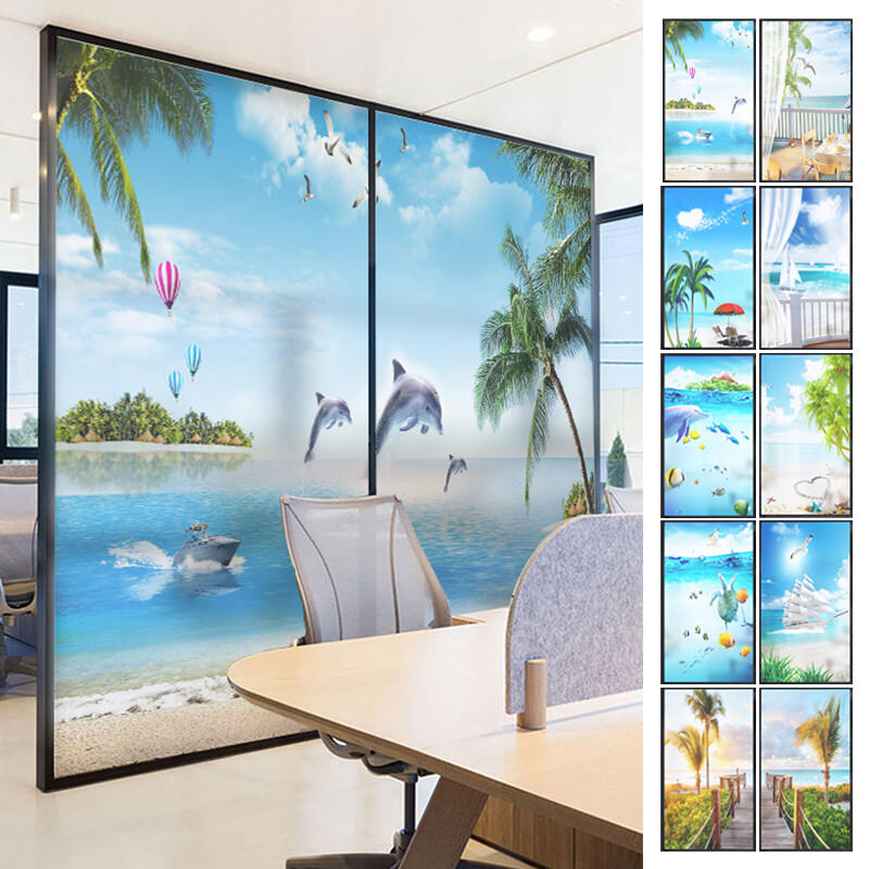 Frosted Window Film Decorative Seaside Beach Glass Stickers Static NEW