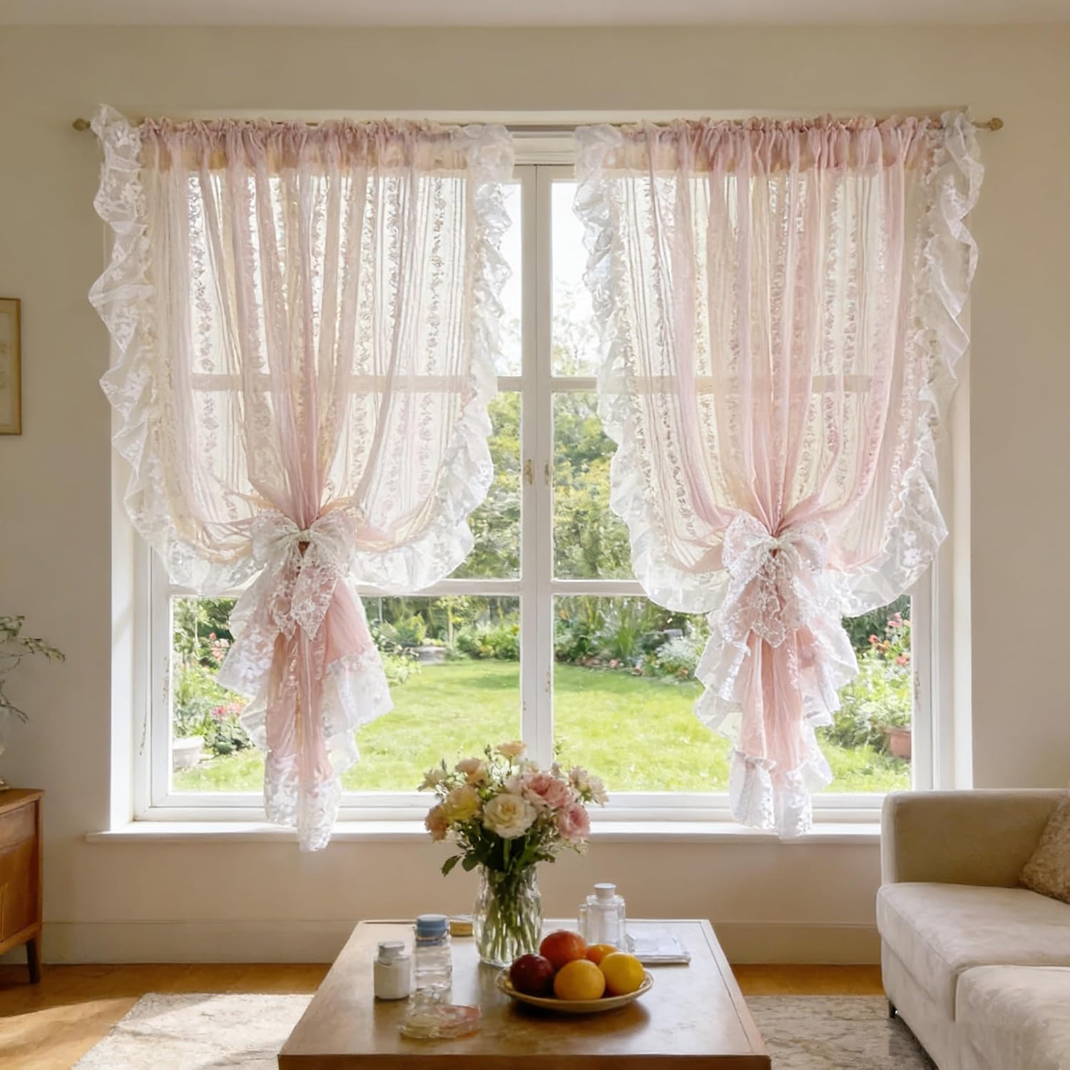 Style Pink Floral Embroidery Sheer Lace Curtain with Ruffle Trim Coquette Gauze