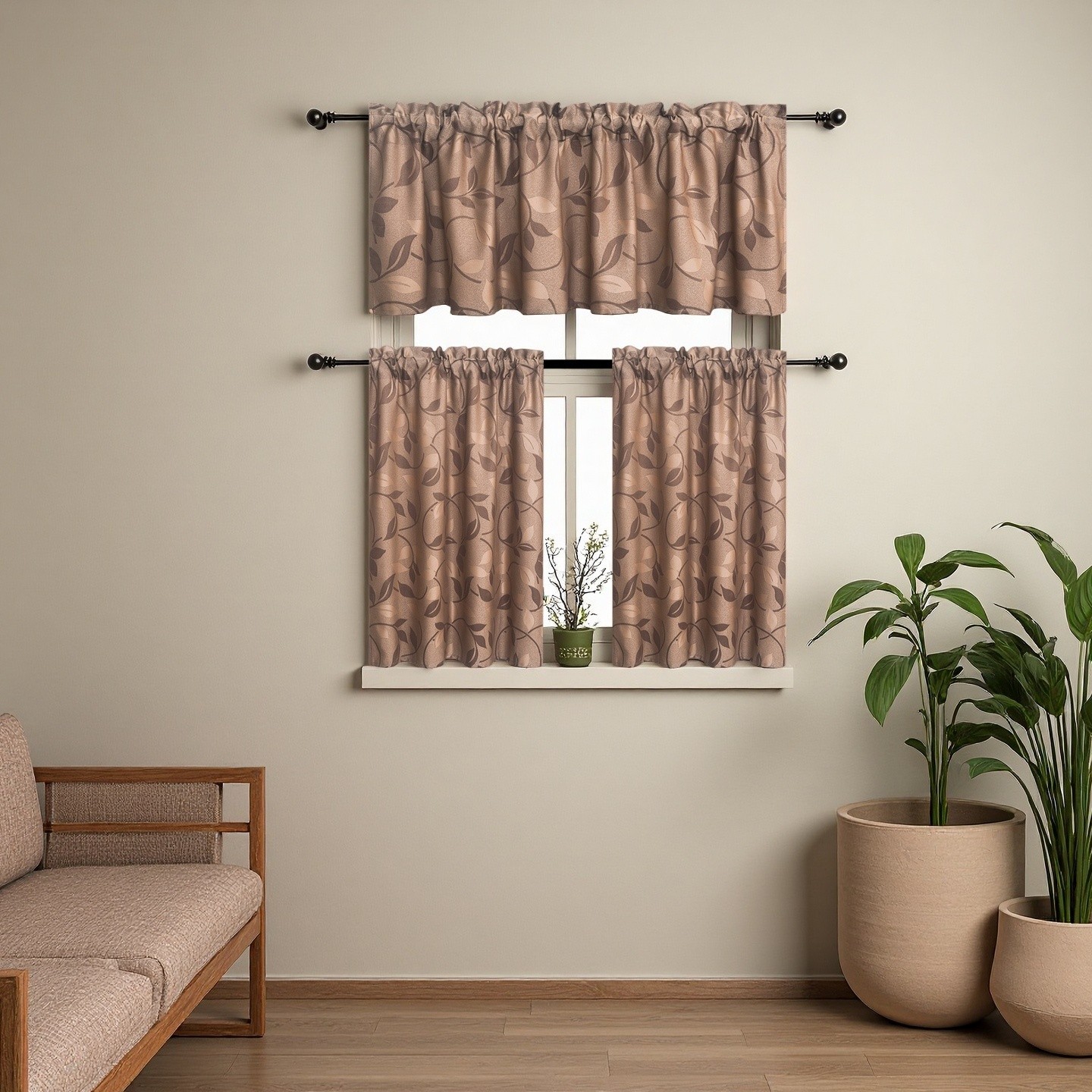 3 Panels Floral Sheer Curtains, Rod Pocket Cafe Voile Drapes, coffee