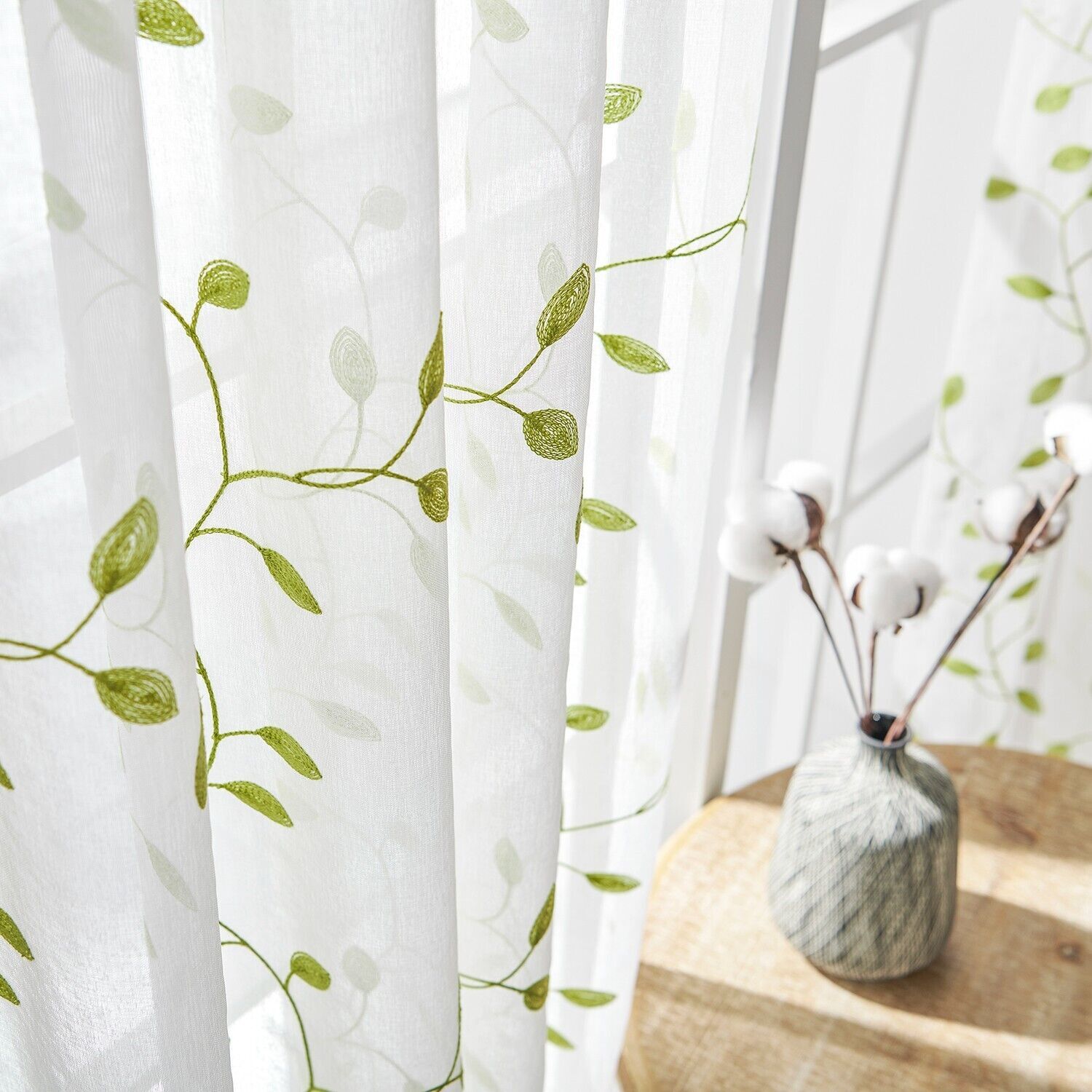 2 Panels Embroidered Leaves Semi Sheer Voile Window Curtains Drapes Living Room