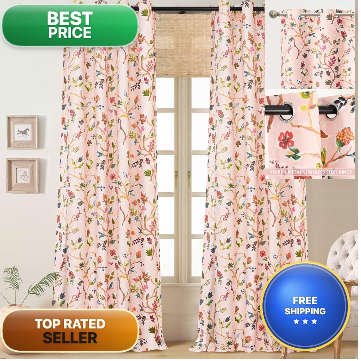 Driftaway Lauren Pink Blackout Curtains For Bedroom Colorful Watercolor Branch