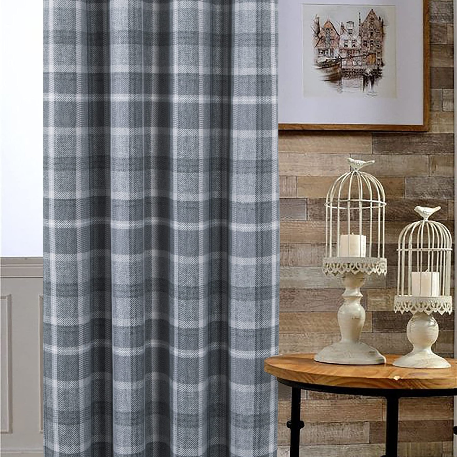 Grey Plaid Tartan Curtains Highland Woolen Look Check Modern Classic Window T…
