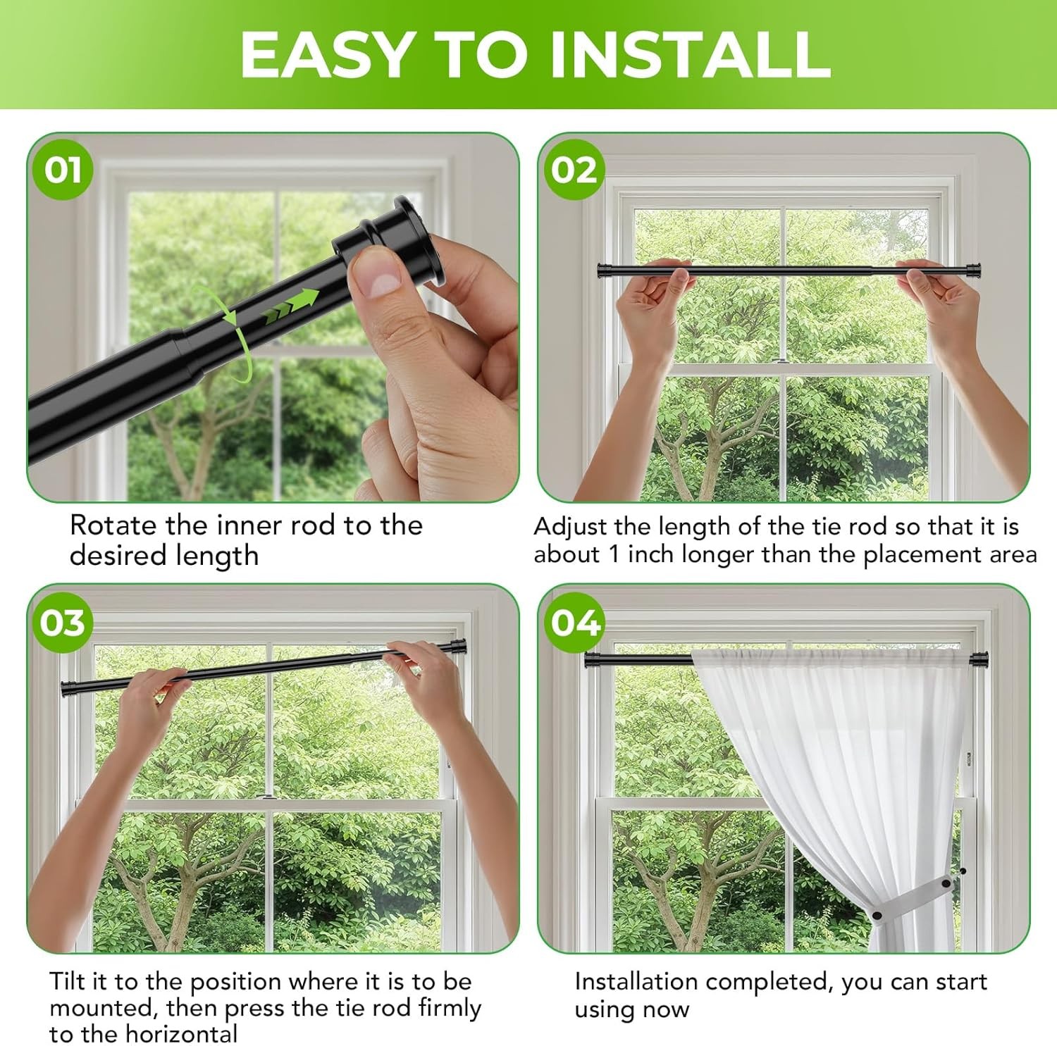 Spring Tension Rods 28-48 Inches No Drill Tension Curtain Rods Black Spring
