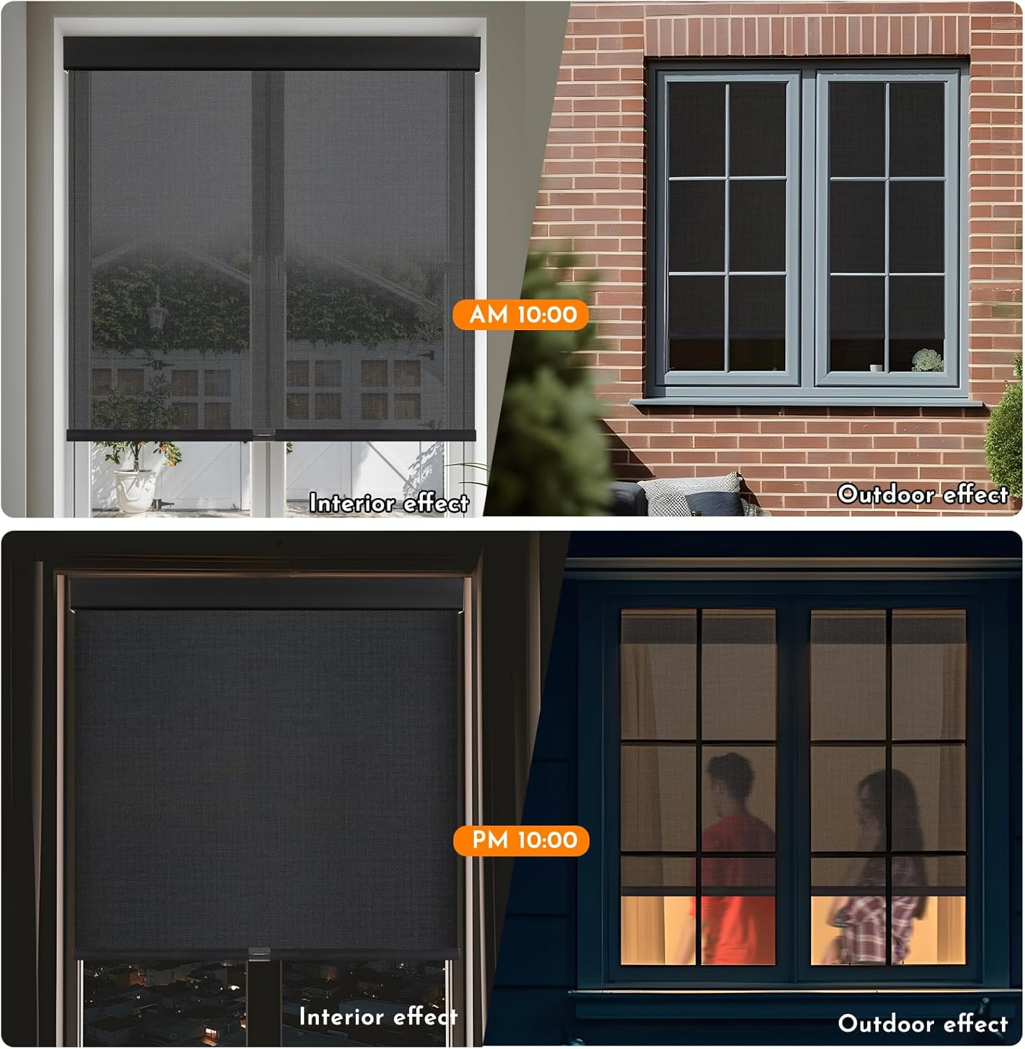 Cordless Solar Roller Blinds, 27″W x 72″H, UV Protection, Black Semi-Sheer