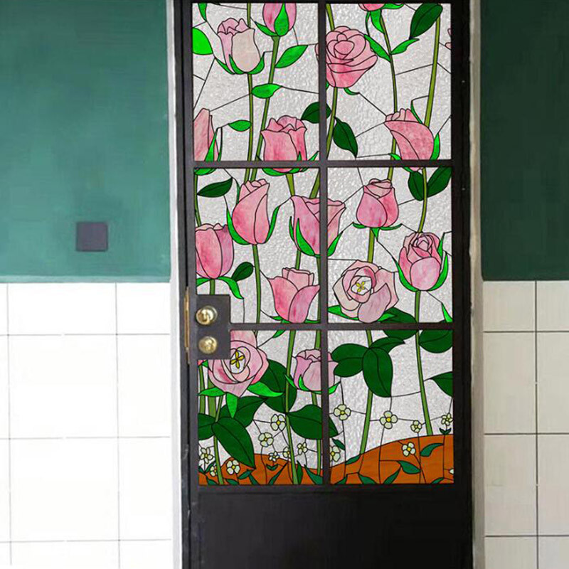 Retro Pink Flower Blossom Window Film Print Sticker Cling Stained Glass Decor