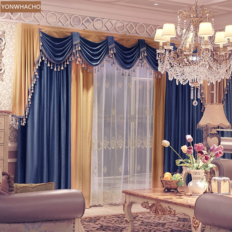 luxury noble living room thick blue velvet cloth blackout curtain valance B770*