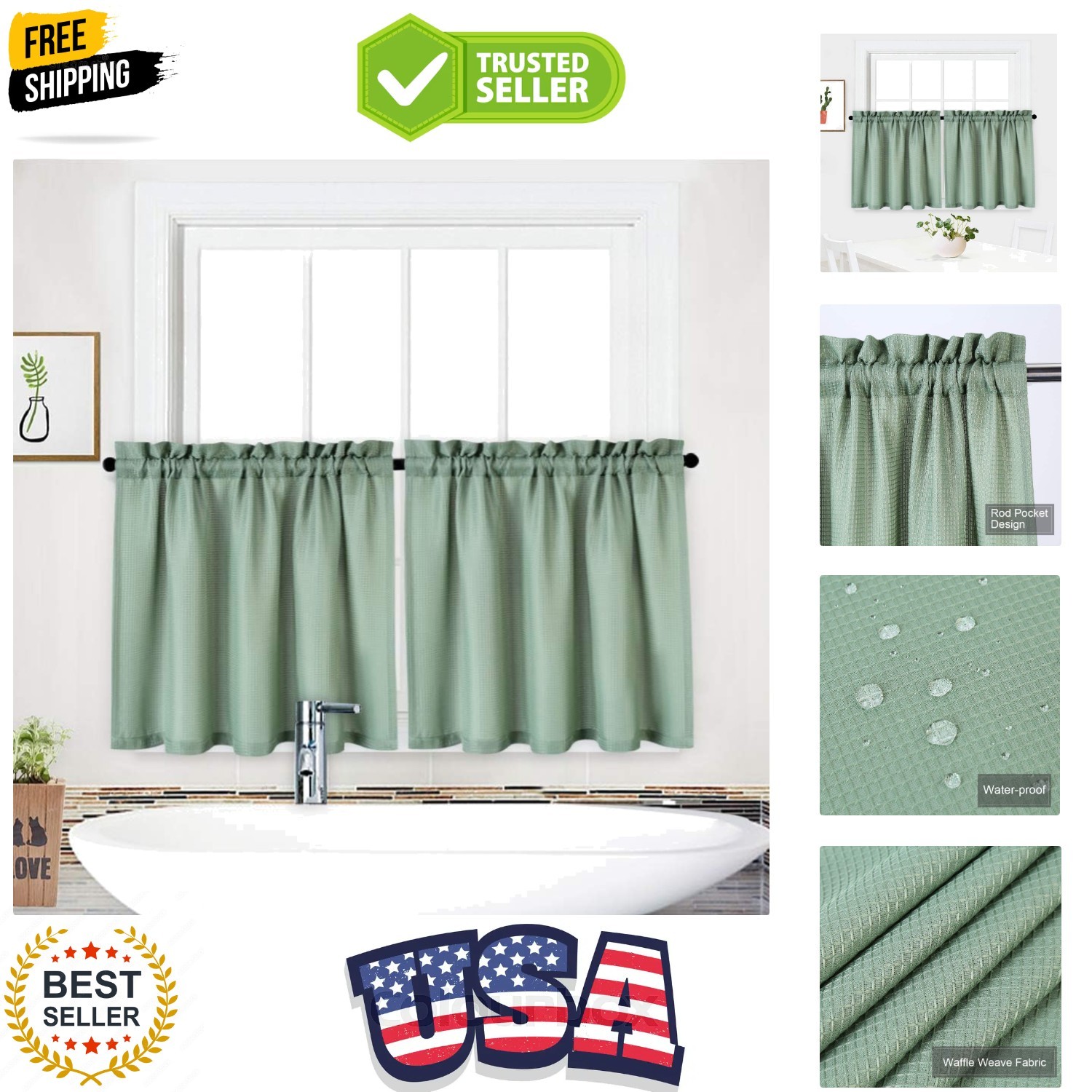 Tier Curtains, Waffle Weave Textured Short Curtains for Bathroom Waterproof W…