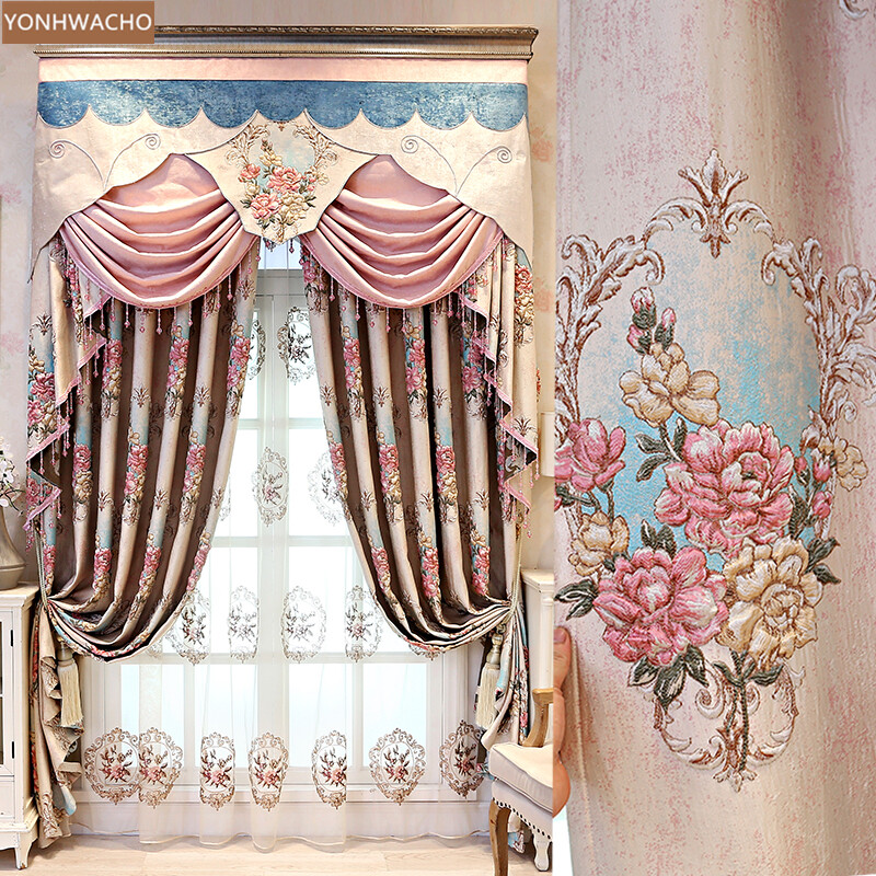 pink embroidered chenille thick cloth blackout curtain valance panel C659