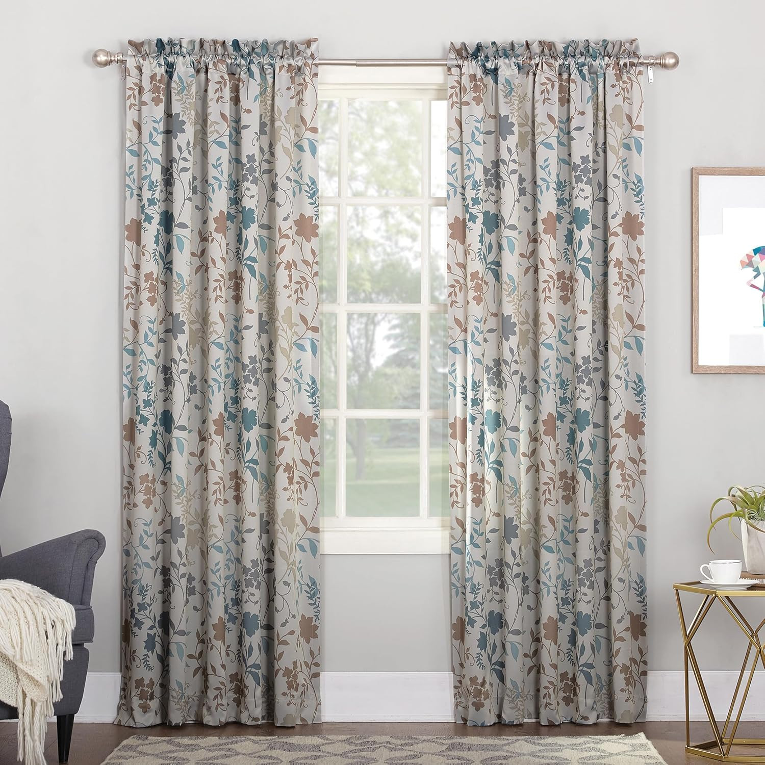 Floral Print Curtain Panel 54 x 63 Inch Room Darkening Window Drapes Stone 2Pack