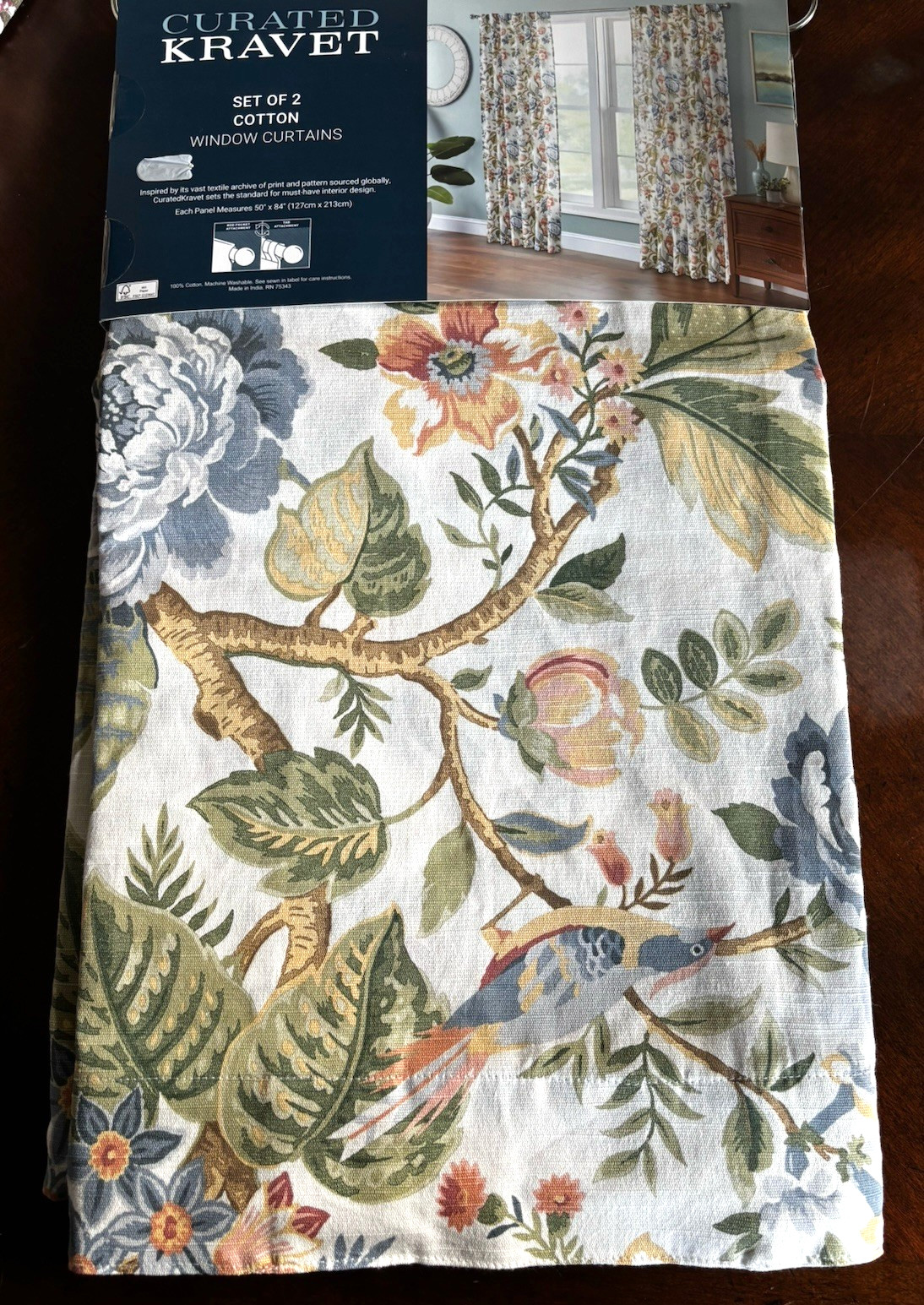 NWT Curated Kravet 2 pc Window Curtains Jacobean Floral Birds Cotton 50″ x 84″
