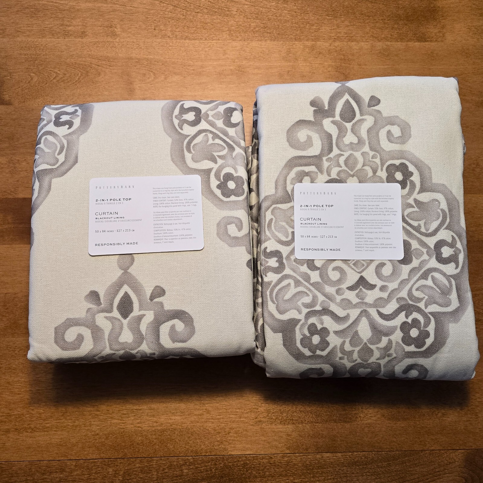 POTTERY BARN ASHER MEDALLION BLACKOUT CURTAINS DRAPES SET (2) 50X84 ~ BEIGE/GRAY
