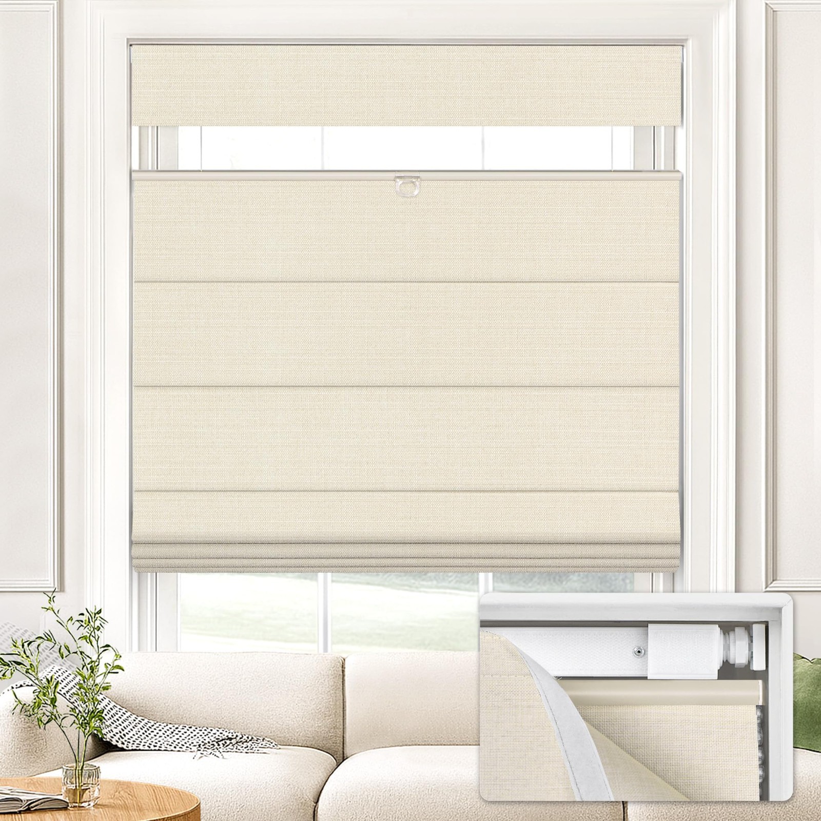 UNISHADES No Drill Top Down Bottom Up Roman Shade 35×64 Beige 100% Blackout