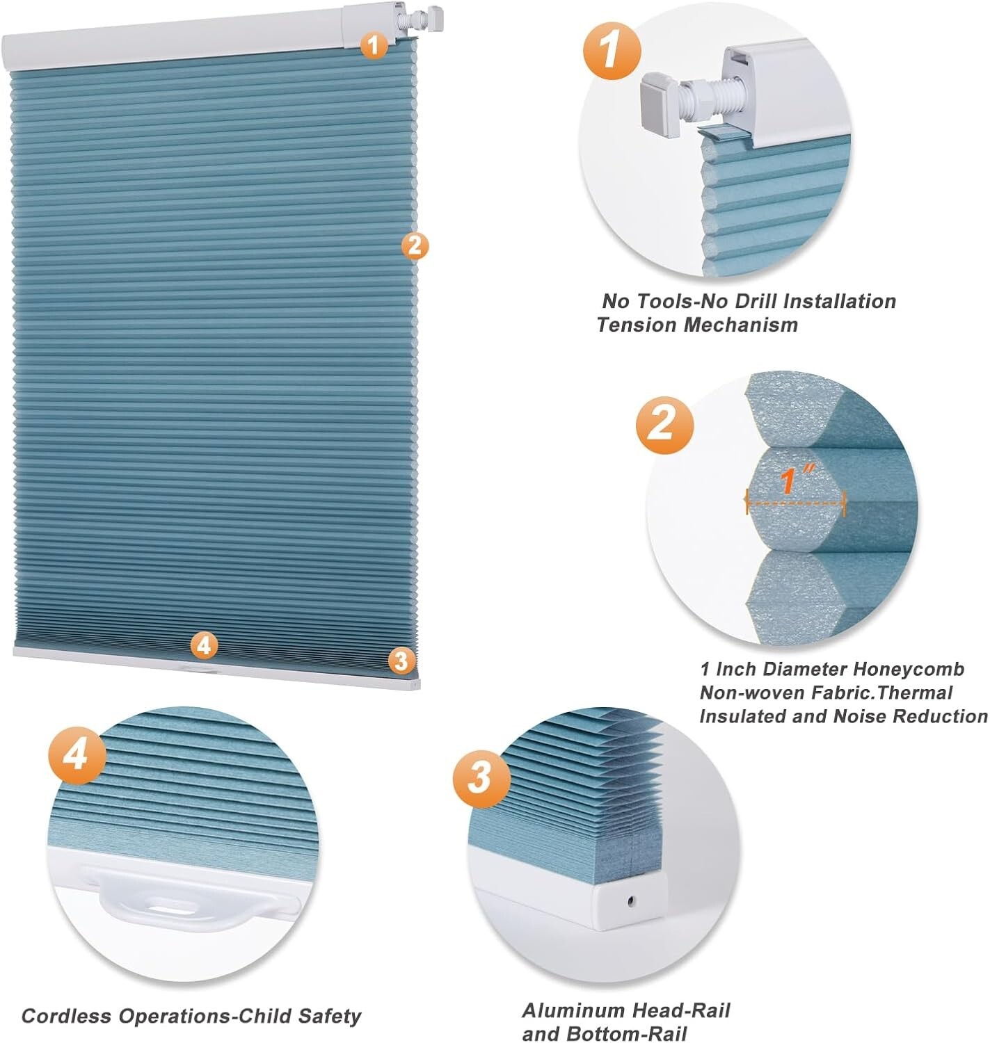 No Tool Top Down Light Filtering Blue Cellular Shades Cordless Honeycomb Blinds