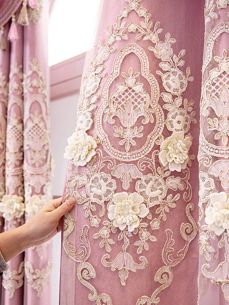 European luxury embroidery pink cloth blackout curtain tulle valance drape C1263