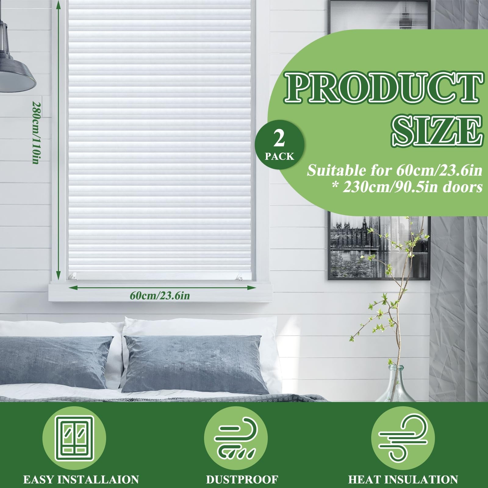 2 Pcs 23 x 110 Inches Temporary Blinds No Tools Cut to Size Fabric Shades Adh…