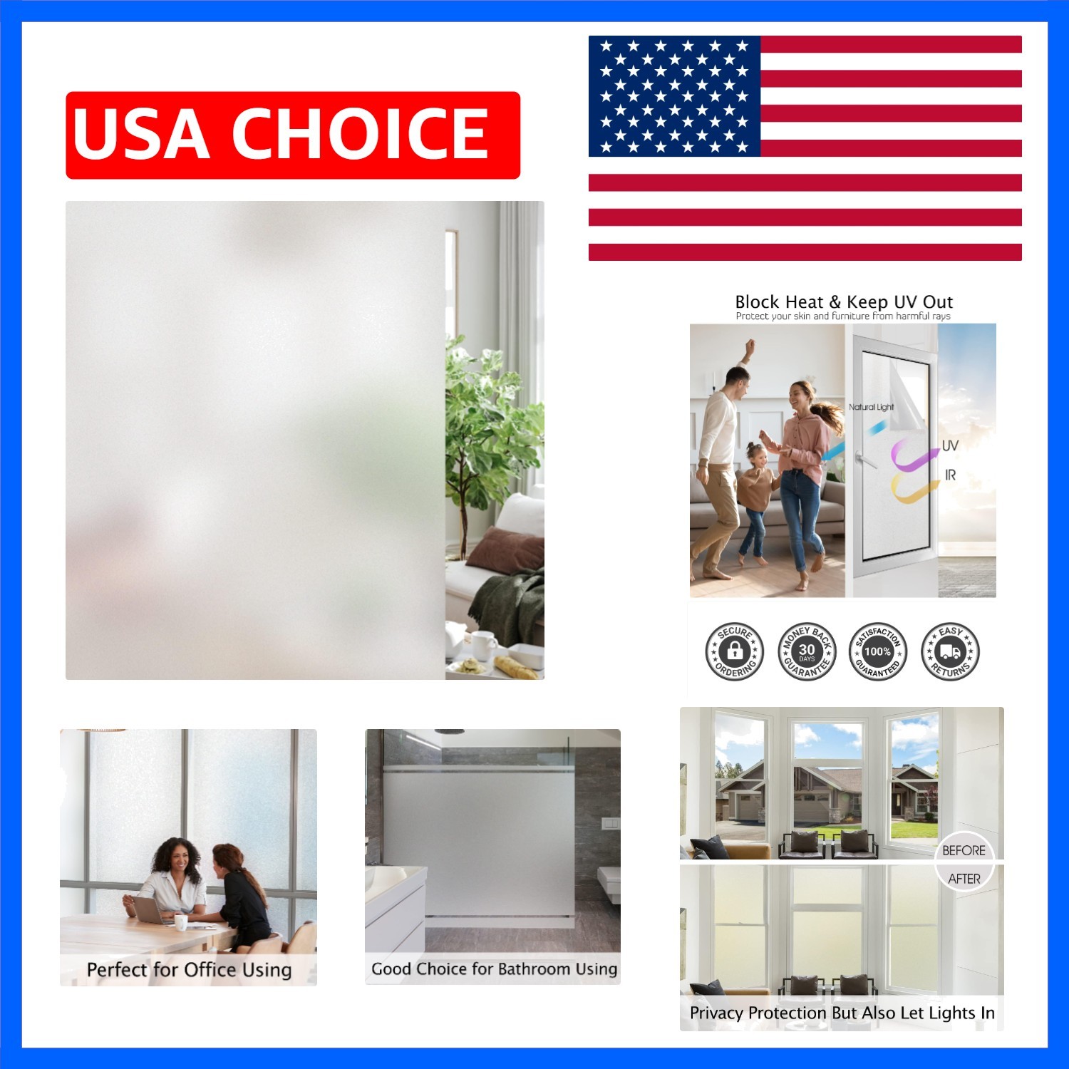 Frosted Window Privacy Film – UV Blocking & Heat Control, 17.5 x 78.7 Inches