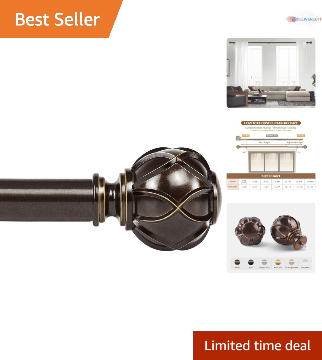 Heavy Duty Adjustable Curtain Rods Iron 72-144 Inches Decorative Bronze