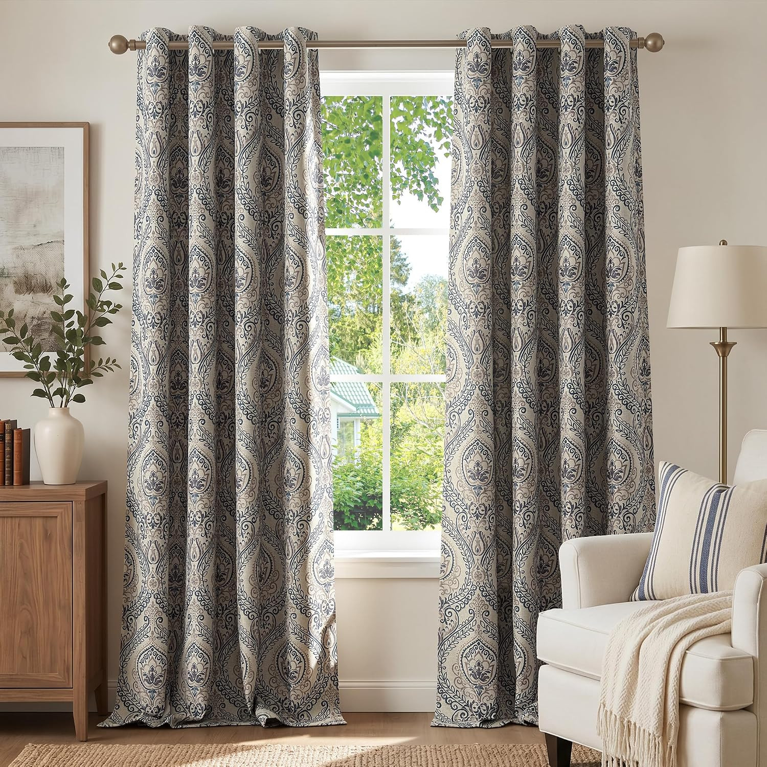 Linen Textured Curtains for Living Room Darkening 108 Inches Long, Medallion Dra