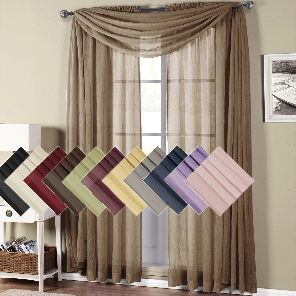 Abri Rod Pocket Crushed Sheer Curtain Panel (Single) OR Scarf 100% Polyester