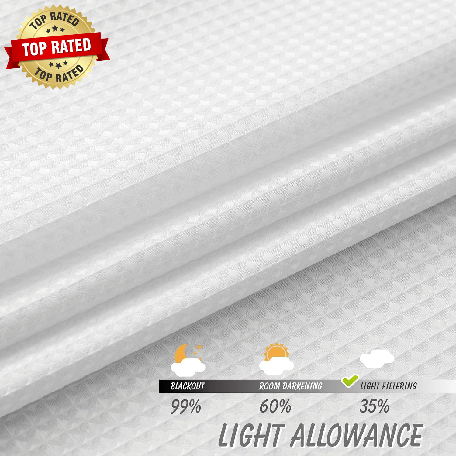 White Waffle Bathroom Window Curtains, 24 W X 36 L Inch Each | Water Repellent,