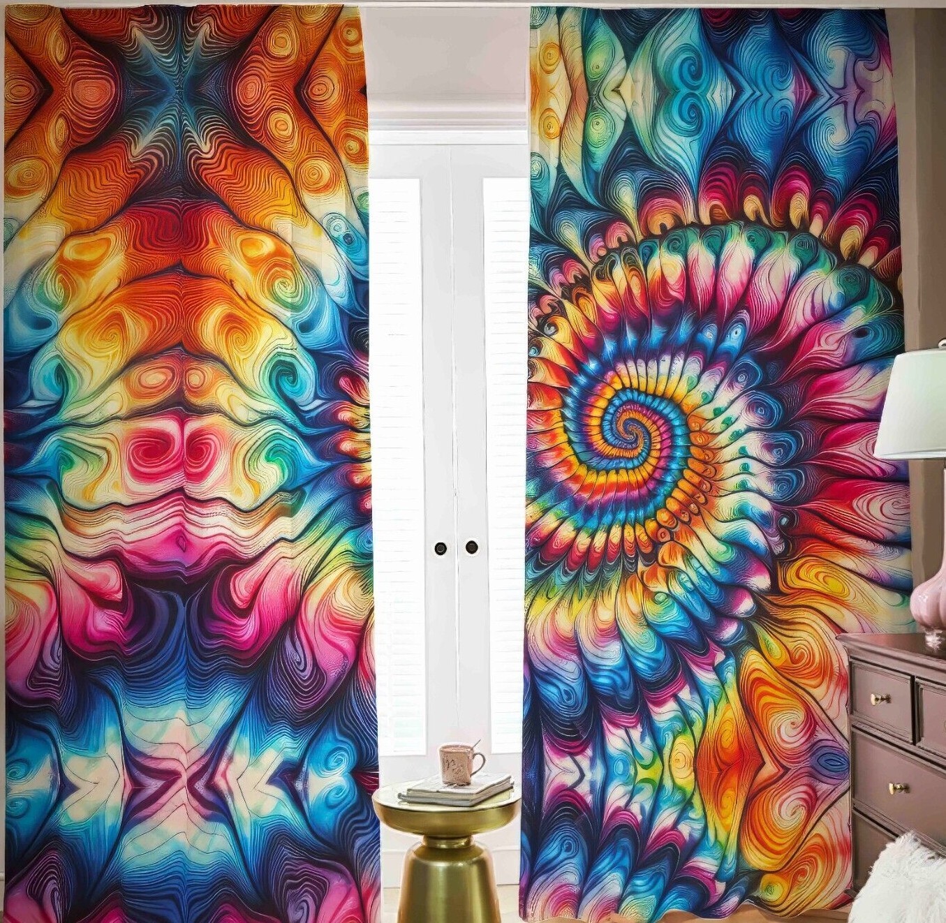 Psychedelic Tie Dye Blackout Curtains Black Out Rainbow Spiral Tied Dyed Fractal