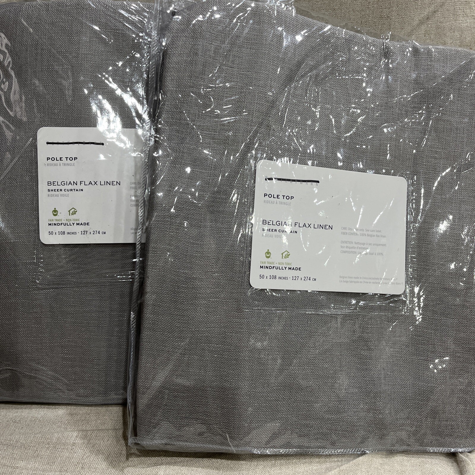 Pottery Barn Belgian Flax Linen SHEER S/2 50×108 Drape Gray