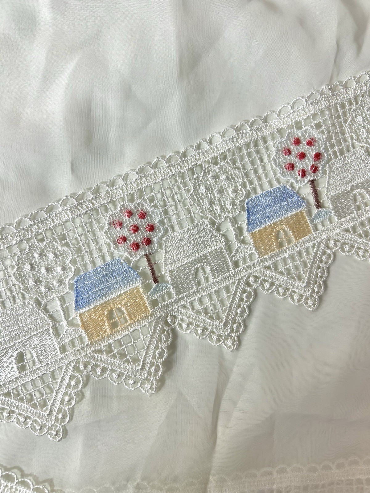 Vintage 90’s Embroidered Curtain Window Valance Panels House Trees Sheer 4 Piece