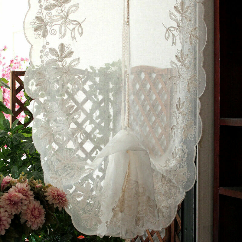 Embroidery Gauze Balloon Curtain Bedroom Linen Roman Curtain Valance Decor Beige