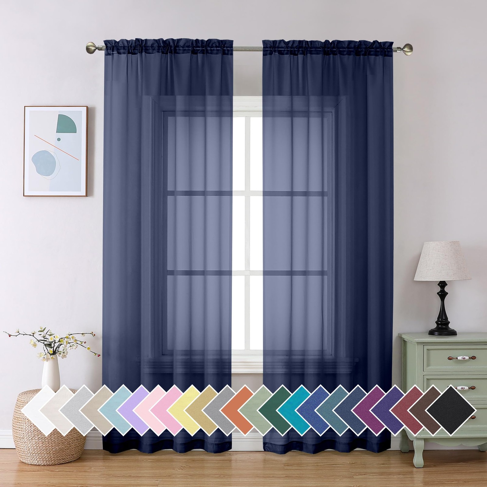Sheer Navy Blue Curtains 84 inch Length 2 Panels Set, Airy Soft-Touching Rod …