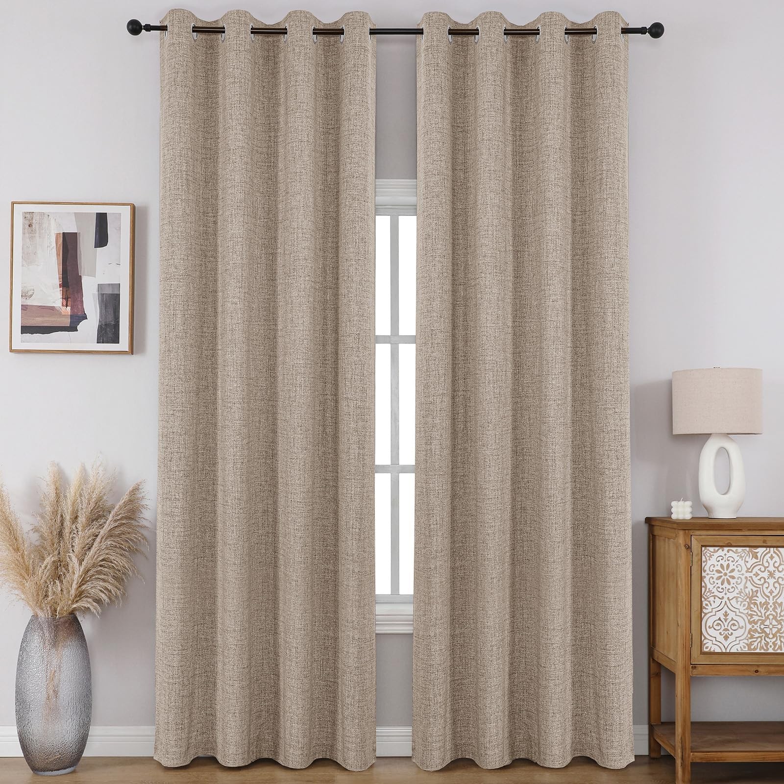 100% Blackout Window Curtains 84 inches Long 2 Panels Set, Faux Linen Look Th…