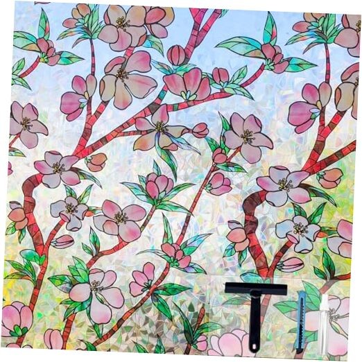 Peach Blossom Static Window Film, Privacy Decorative Window Cling, No Glue