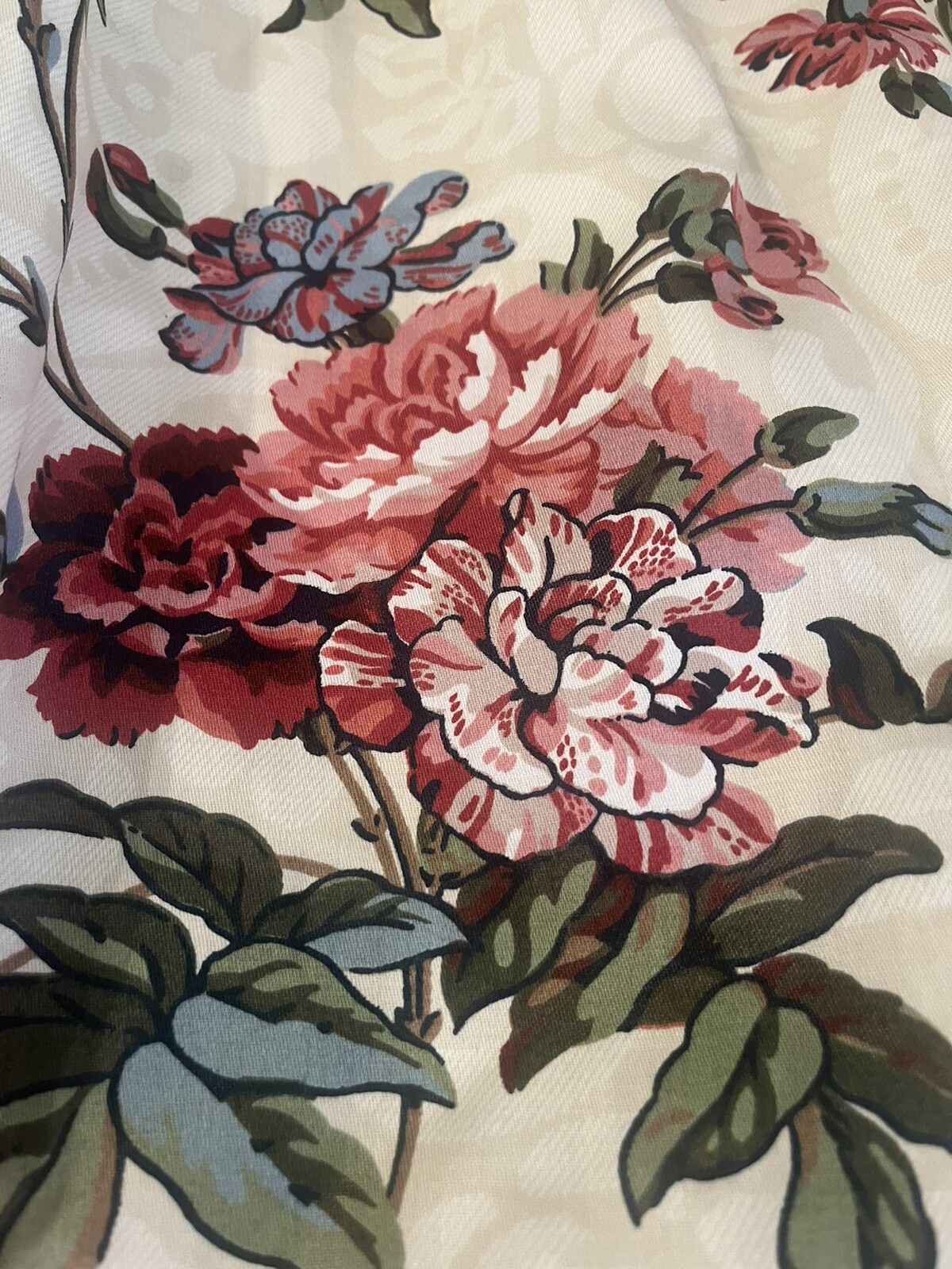 CUSTOM FLORAL WINDOW TREATMENT DESIGNER CHINTZ PANELS LINED TRIM CREAM 2