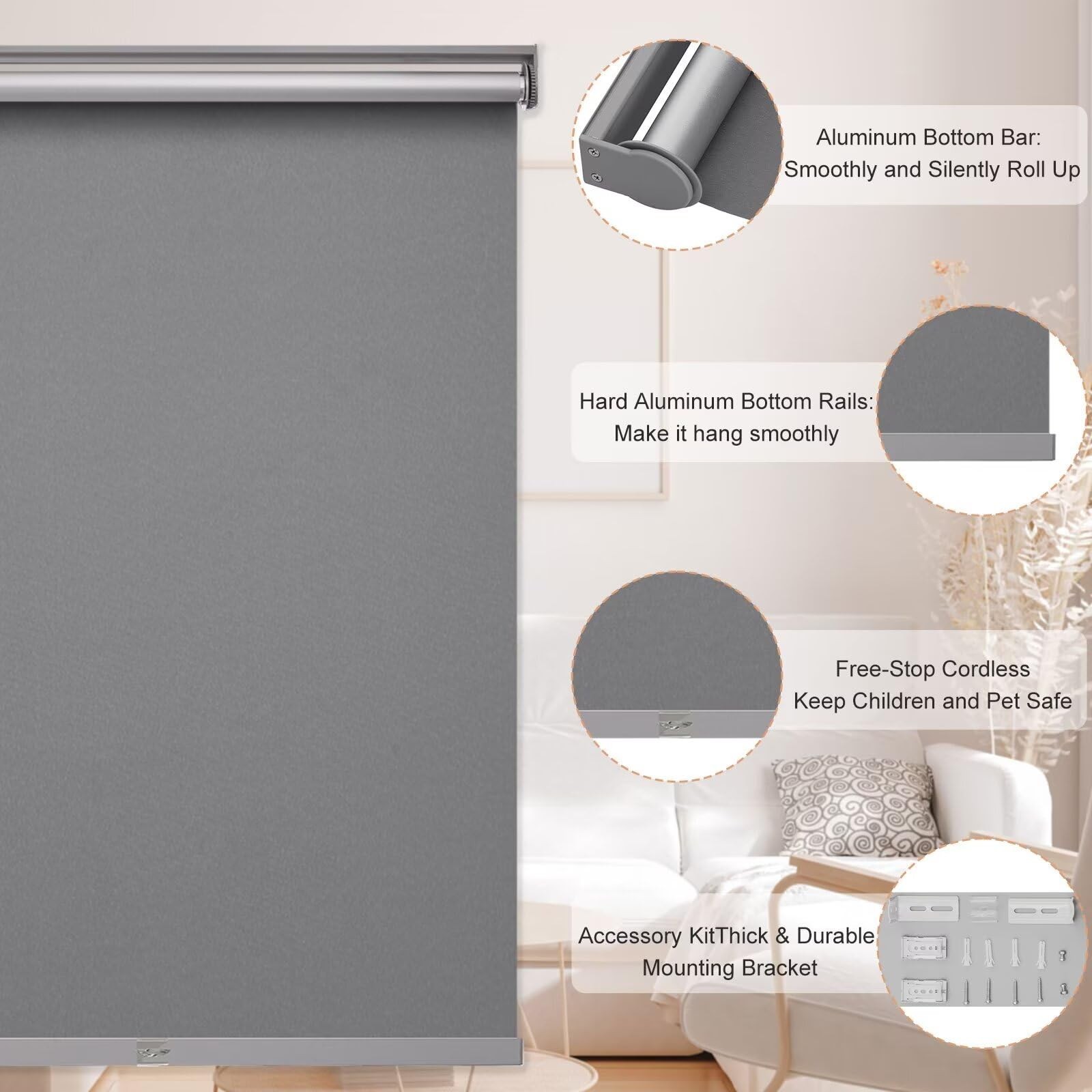 MYshade Free-Stop Cordless Roller Shades Room Darkening Blinds 20×72 Grey