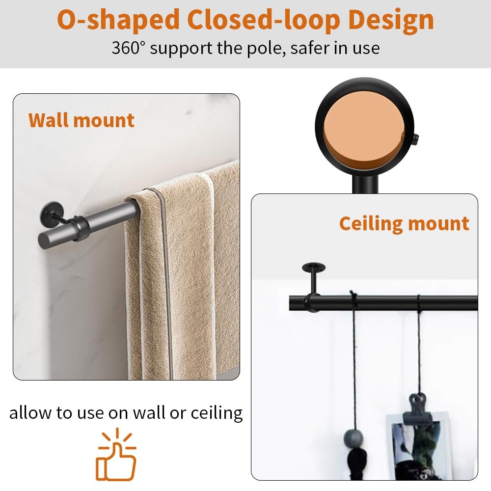 Ceiling Curtain Rod Brackets, Heavy Duty Curtain Rod 1-1/4” – 4 Pack Black