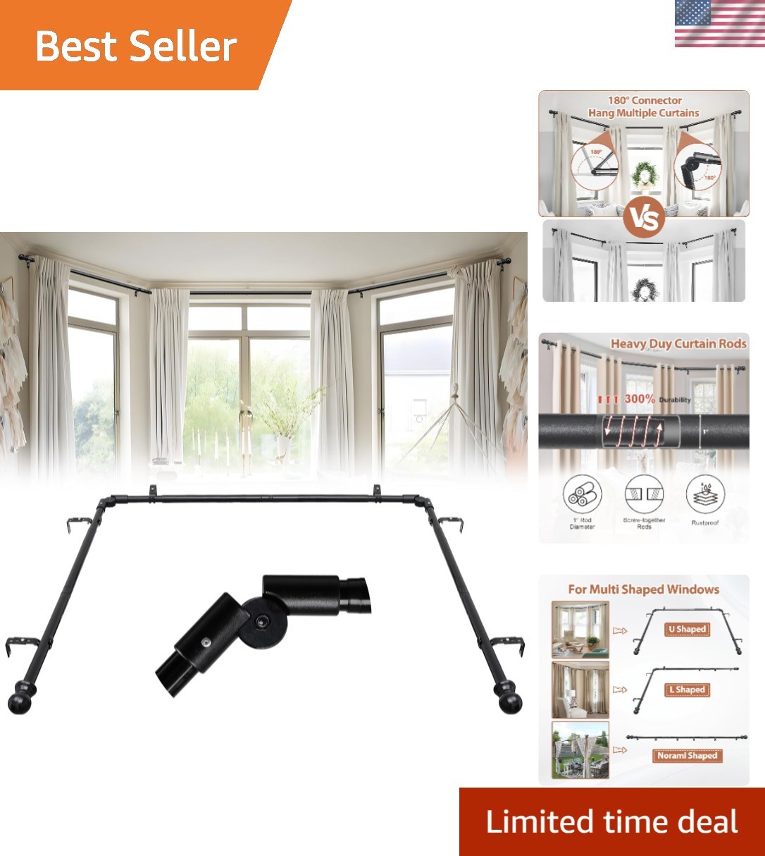 Versatile Adjustable Black Metal U Shaped Curtain Rod, Fits Bay Windows 59-184”