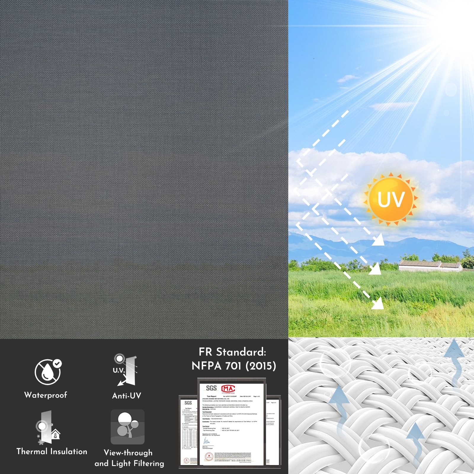 Persilux Cordless Solar Roller Shade Black 27″W x 72″H 5% Openness UV Protection