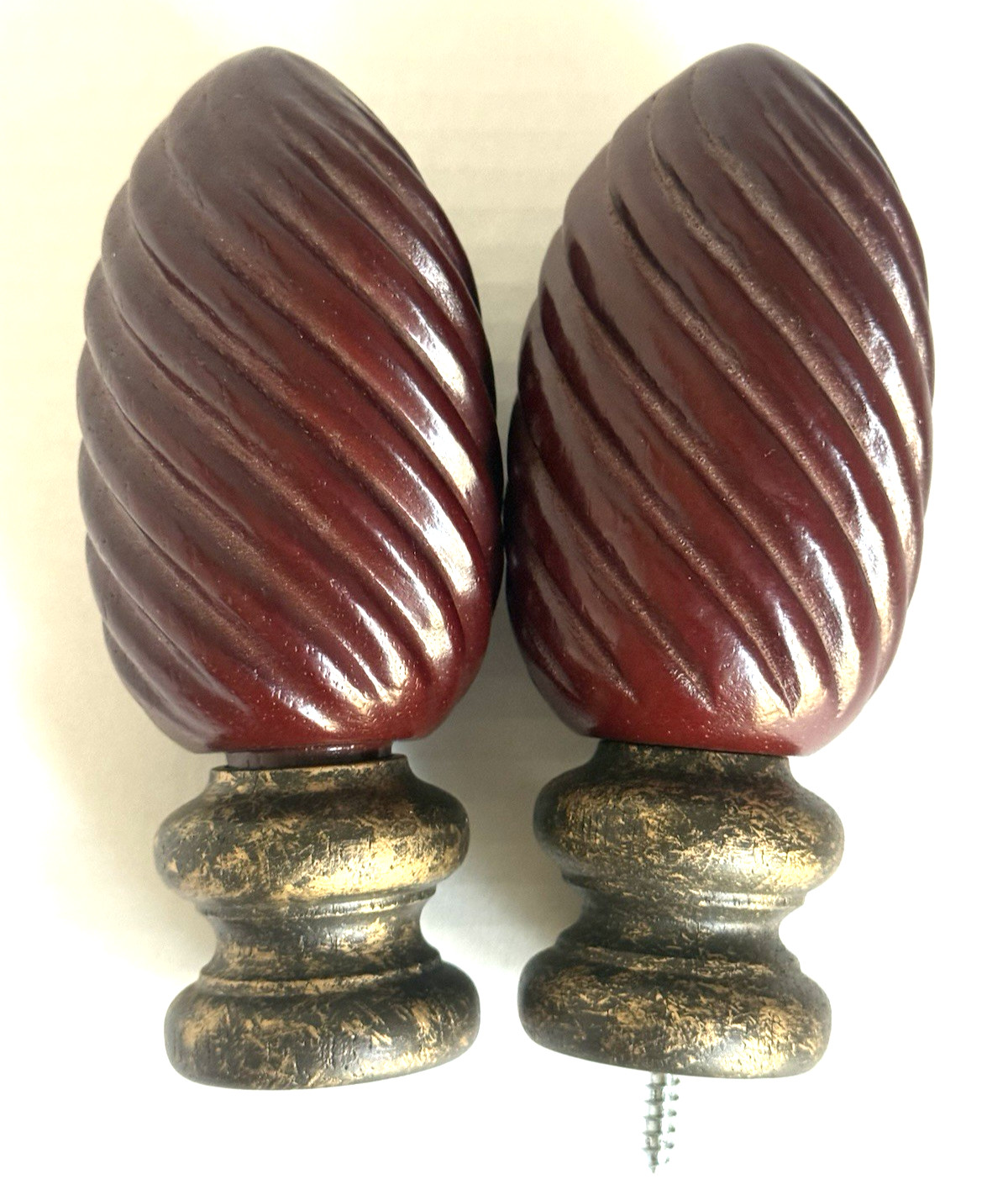 Vintage Faux Wooden Tapestry Curtain Rod Finials 2 Brown Spiral Screw On 5″ long