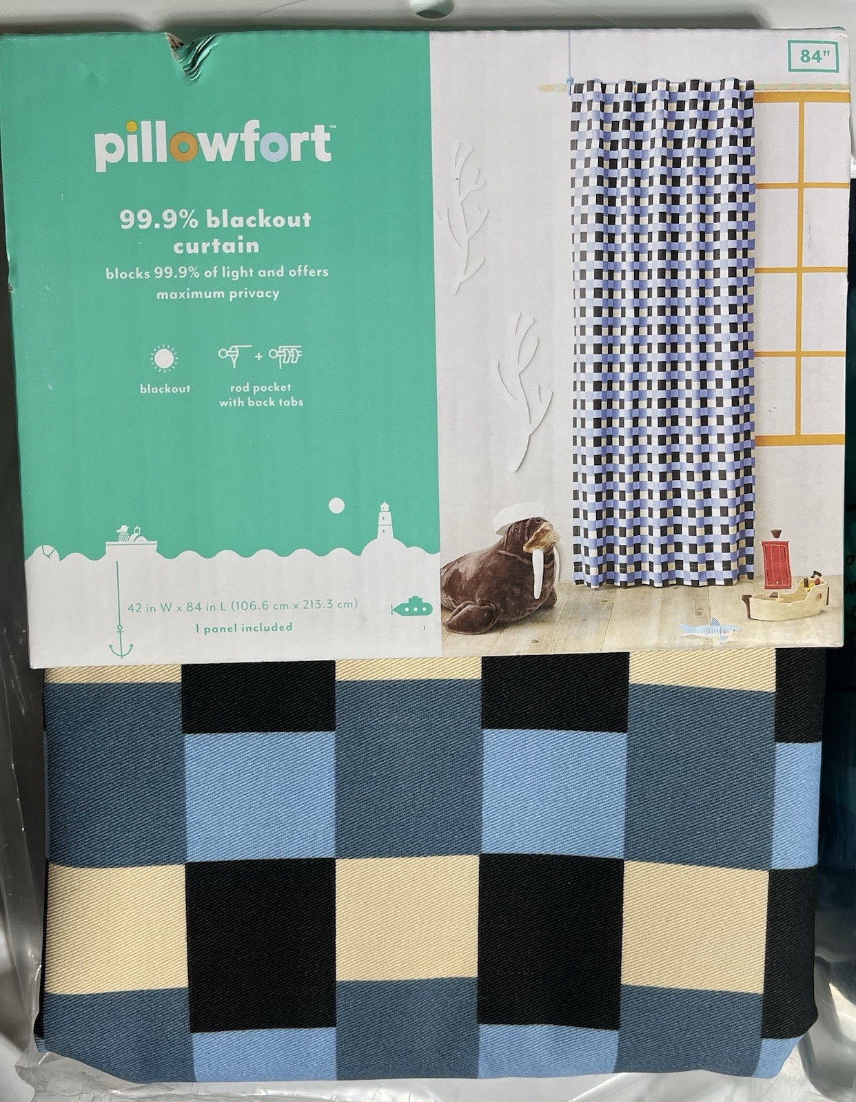 Pillowfort Blackout Curtain, 2 Panels -84in L X 42in W, Blue Checkerboard-new