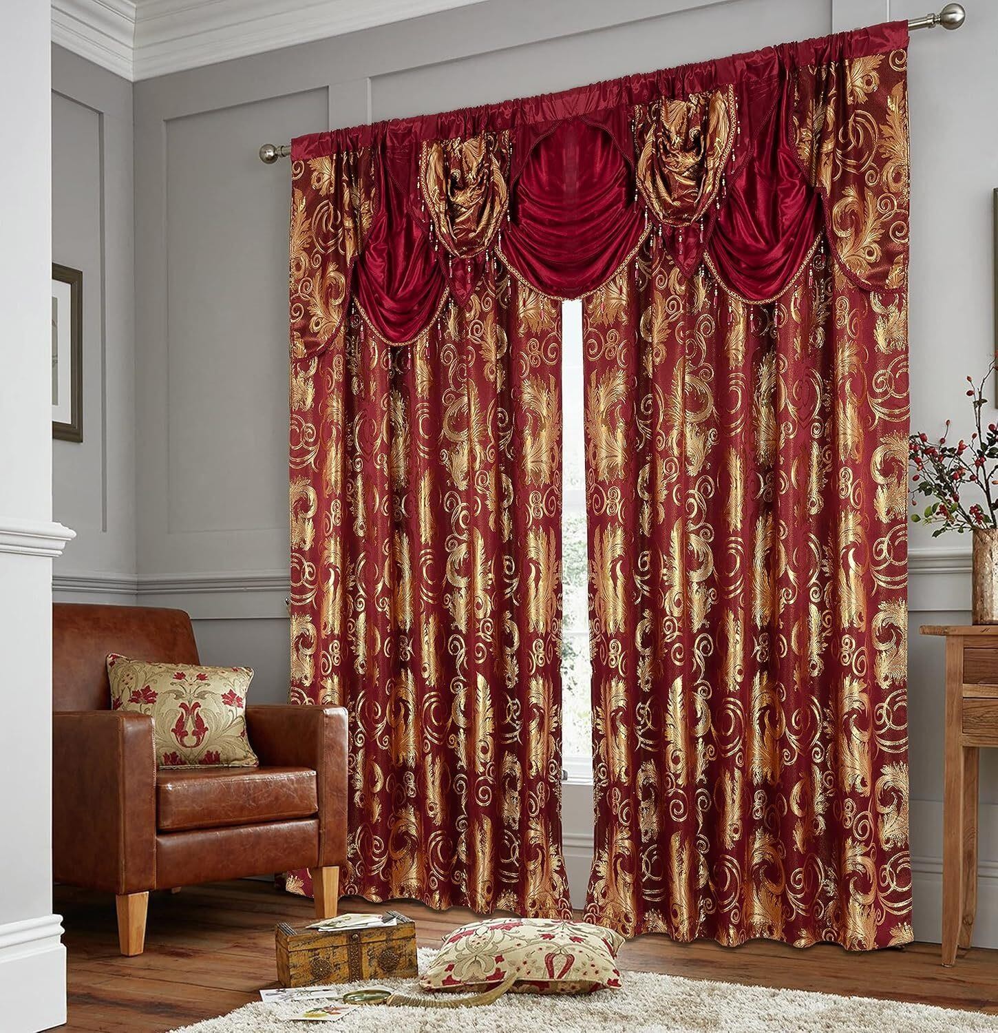 Window Curtain for Living Room Burgundy Red Gold Luxury 2 Panel Curtains 84Lx55W