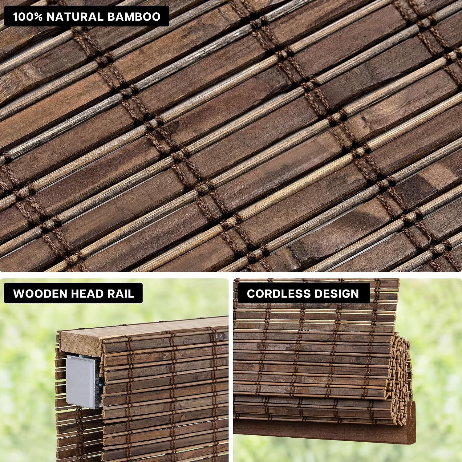 Cordless Bamboo Roman Shade 44″ W x 48″ H Malay Walnut Light Filtering