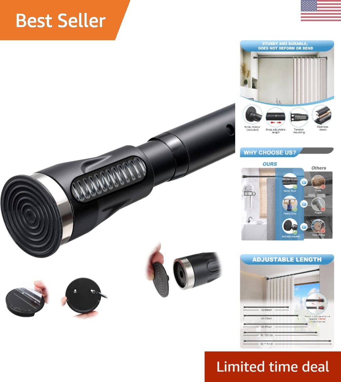 Elegant Black Adjustable Tension Rod, Heavy Duty 42-100 Inch for Window & Bath