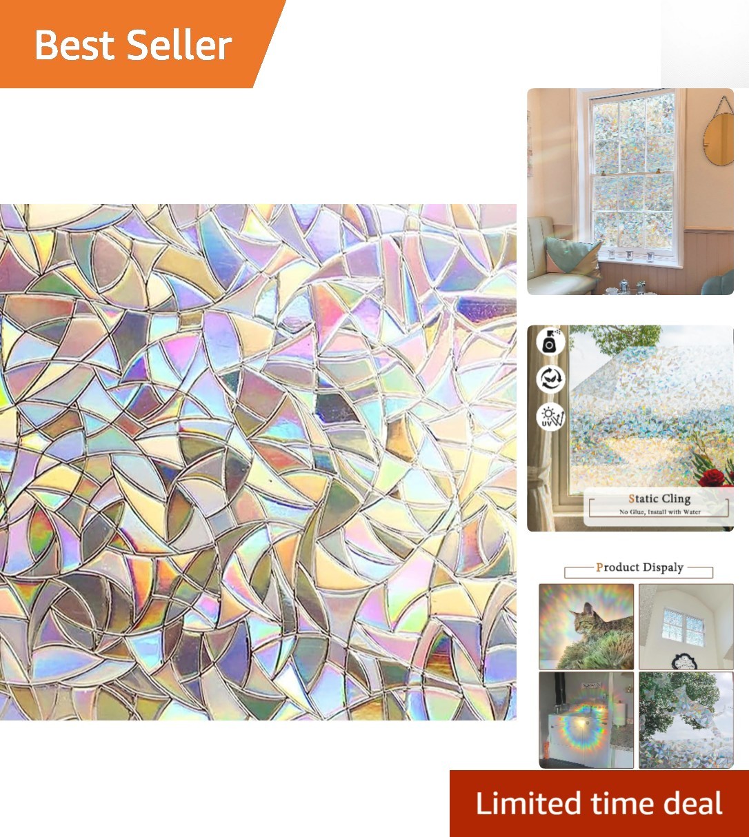 Static Cling Rainbow Decorative Window Film – 17.5 x 78.7 Inch Privacy Tint