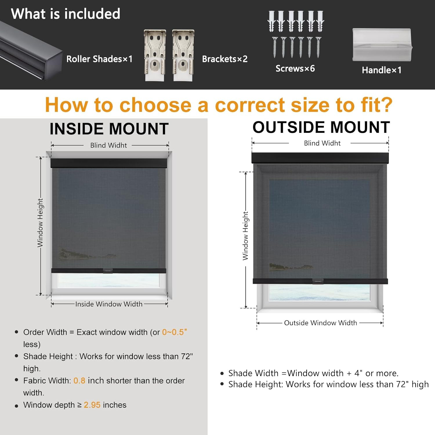 Cordless Solar Roller Blinds, 27″W x 72″H, UV Protection, Black Semi-Sheer