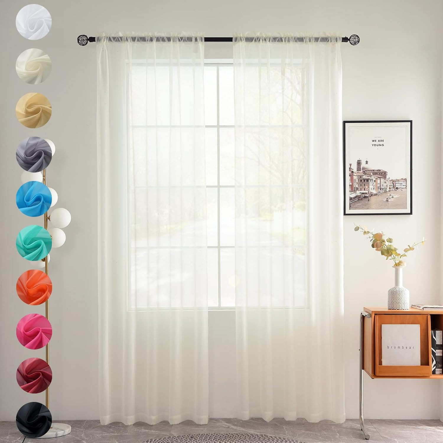 Solid Sheer Rod Pocket Curtain Voile Draperies 2 Panels White Beige Black Grey C