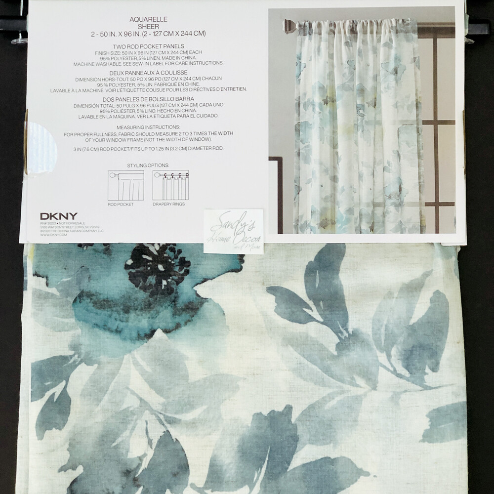 DKNY Aquarelle Linen SHEER 2 Window Curtains Panels Floral Teal BLUE GRAY 50×96